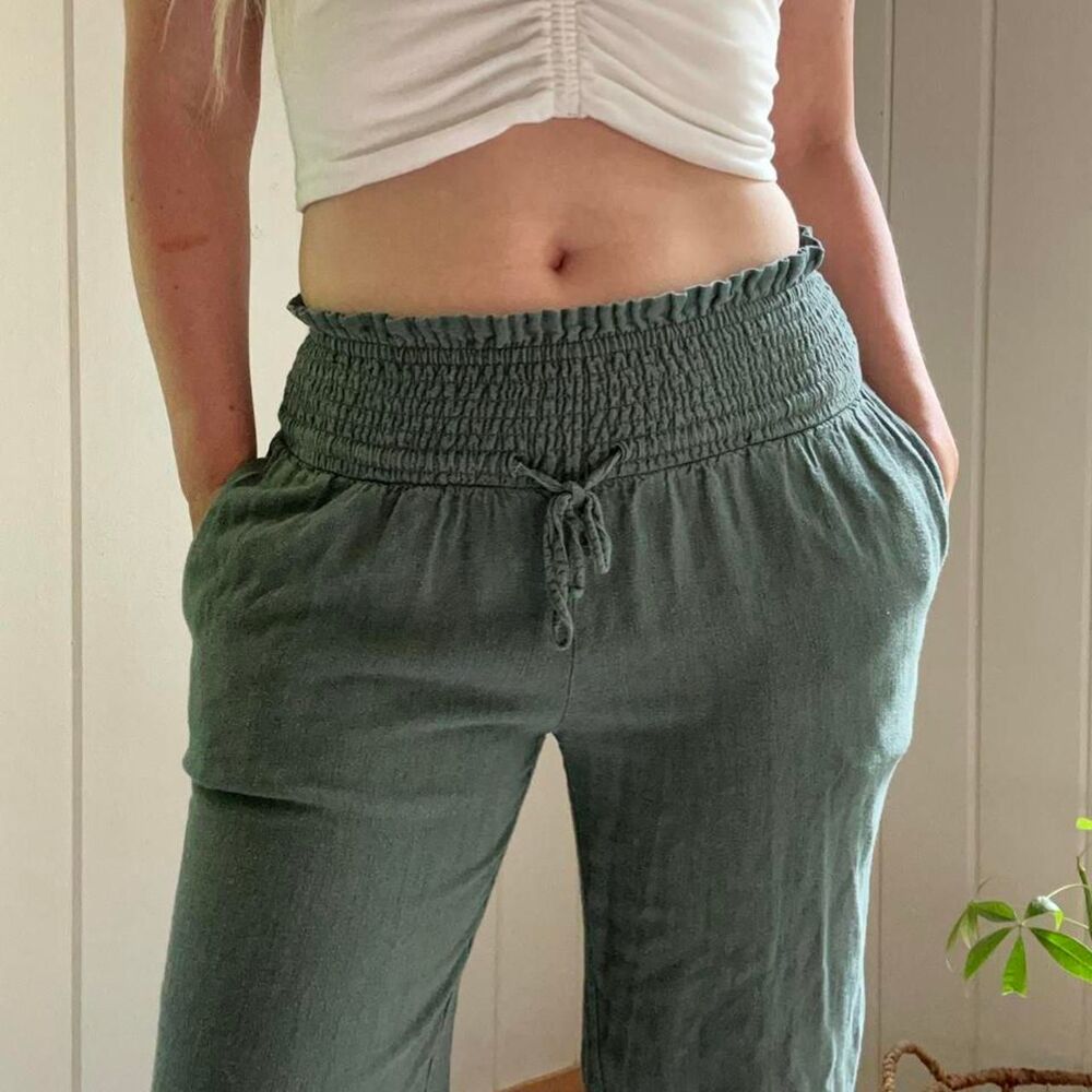 Vintage Green Linen Blend Wide Leg Pants